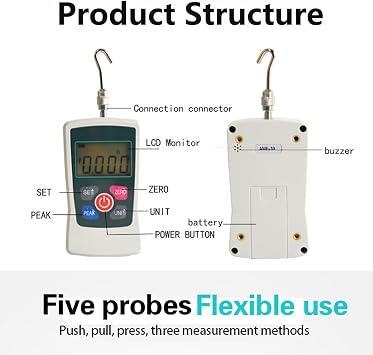 Digital Force Gauge Push and Pull Tester Dynamometer Pressure LCD High Precision Thrust Meter Measuring Instruments of 4 Measurement Units N/Kg/Lb/Oz-200N