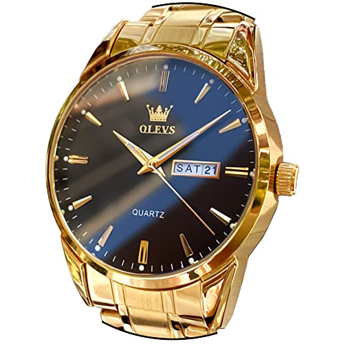 OLEVS Montres pour Homme Or Noir Bracelet en Acier Inoxydable Montre à Quartz Hommes avec Date de la Semaine Étanche Lumineux Classique Élégant Montre-Bracelet Cadeau Cover