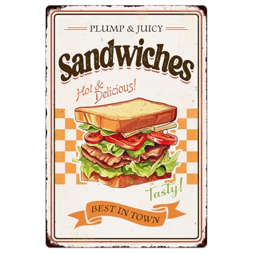 Sandwiches Tin Signs Vintage Metal Sign Funny Food Art Printing Poster Wall Decor for Home Kitchen Bar Restaurant Cafe Pub Farmhouse 12x8 Inch Hanging Plaque Decorative