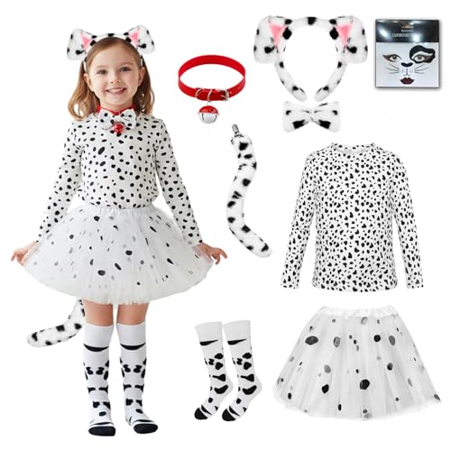 Pikpops Dalmatian Costume Girls 101 Days of School Dog Costume Set Kids Tutu Headband Accessories Halloween Animal Party (8-10 years old)