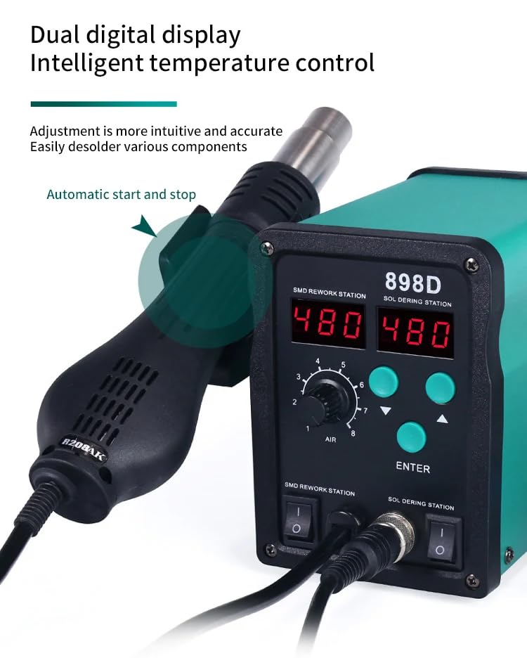 Close-up of the TOOLTOP 898D's dual digital display and hot air gun, illustrating intelligent temperature control.