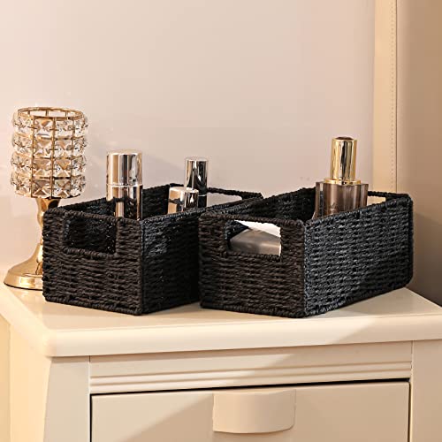 Vagusicc BLACK(PAPER ROPE) Wicker Storage Basket, Hand-Woven Paper Rope Small Storage Baskets Bins With Handles (Set Of 2), Toilet Paper Small Wicker Baskets For Organizing Toilet Shelves Pantry thumb #3