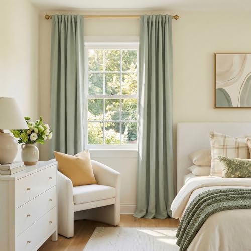 Image of 100% Blackout Shield Linen Blackout Curtains for Bedroom 63 Inches Long, Back Tab /Rod Pocket Living Room Drapes, Thermal Insulated Blackout Curtains 2 Panels Set, 50 inch W x 63 inch L,Sage Green