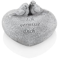 com-four® Grabdekoration Herz, herzförmiger Gedenkstein mit Vögeln und Inschrift, wetterfester Grabschmuck, Trauerstein mit Gedenkspruch