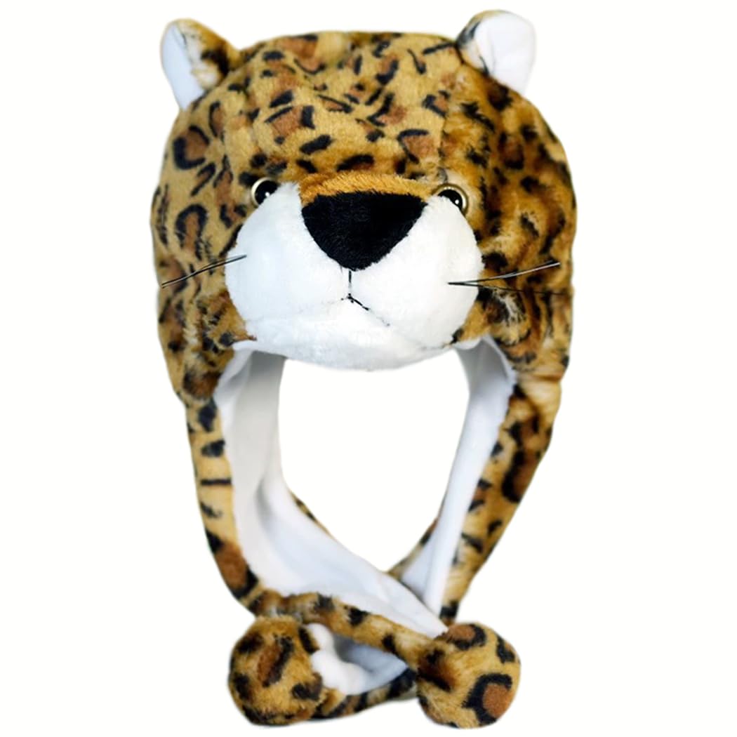 Naichuo Plush Animal Hat with Ear Flaps, Cozy Novelty Party Cap for for Kids Teens Adults Halloween Christmas(Leopard)