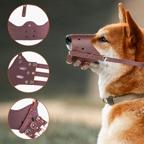 yolzhxe Maulkorb Hunde, Verstellbare PU Leder Hunde Maulkorb, Atmungsaktive Bequem Hundemaulkorb, Sicher Dog Muzzle, Fressschutz Giftköderschutz Gegen Bellen, für Kleine, Mittel Hund (Braun, L)