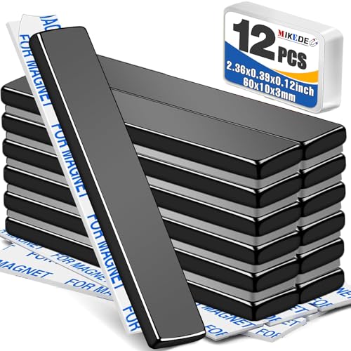 Image of MIKEDE Heavy Duty Magnets, 12 Pack Strong Neodymium Magnets Heavy Duty Bar Magnet with Double-Sided Adhesive,Powerful Small Rare Earth Magnet for Fridge, Garage,Kitchen - 2.36 x 0.39 x 0.12in