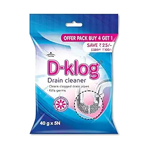 Pidilite D-Klog Drain Cleaner Powder (40g x 5N), Removes Clogs, Blockages in Washbasin, Sinks, Pipes within 30 Minutes, No Manual Hassle with Drain spring pipe, Plunger, Drain Stick with one free key Ring