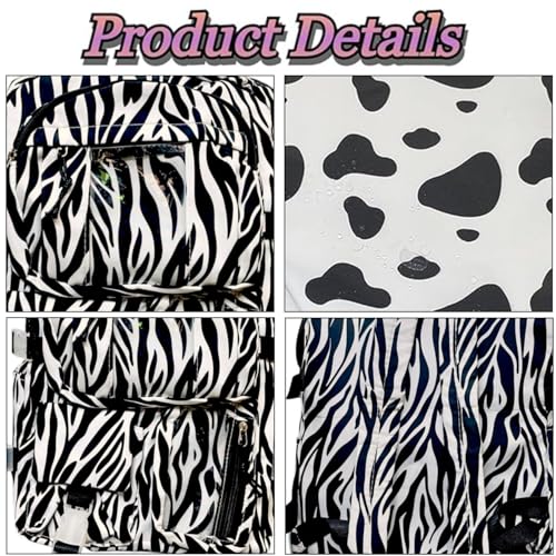 Image of Retro Animal Cow Spotted Theme Waterproof Canvas School Bag Stylish Multiple-Compartment Large Capacity Zipper Bag Lightweight Casual Daypack for Elementary, Middle & High School Students