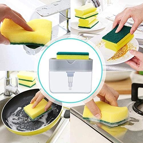 2 in 1 Soap Dispenser for Bathroom Accessories Dishwasher Liquid Holder Liquid Dispenser Pump 400 ML with Sponge Holder Kitchen Sink Accessories Items (Multi-Color)(Pack of 1) 4
