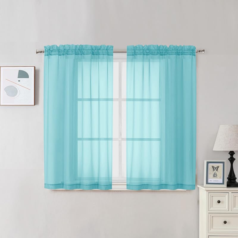 Image of OVZME Aqua Sheer Curtains 45 Inches Long 2 Panels - Soft Light Filtering Window Sheer Panels for Living Room /Bedroom, Top Dual Rod Pocket, 1 Pair, Each 42Wx45L Inches