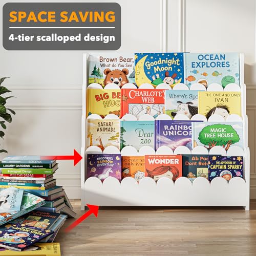 Image of SpaceAid 4-Tier Scalloped Bookshelf, Montessori Bookcase for Toddlers, Wooden Book Shelf Organizer Display Furniture for Kids Rooms, Playroom, Nursery and Classroom, 29.6 inch Wide, White