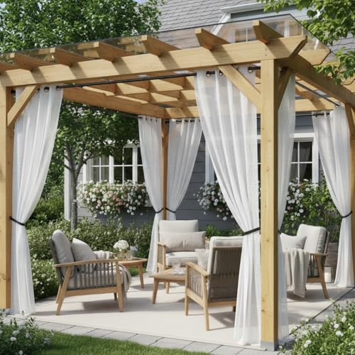 HolidayIdeas White Outdoor Sheer Curtains for Patio Waterproof 4 Panels-Linen Semi Voile Indoor Sheer Curtains, Light Filtering Privacy Drapes for Living Room, Gazebo, Porch, Balcony, Pool 54'x84'