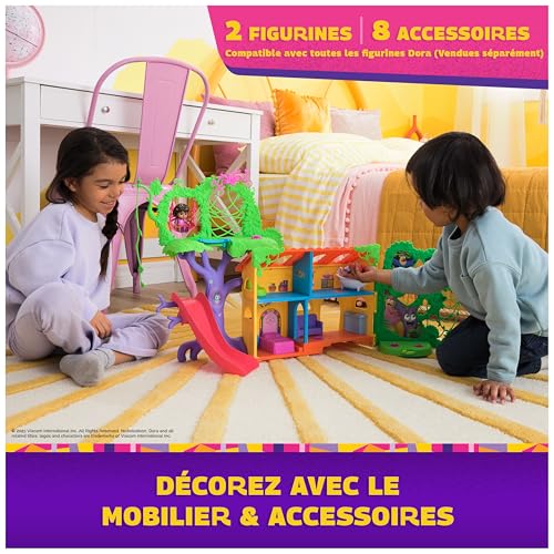 Dora - Maison Interactive De La Forêt Tropicale - 2 Figurines & 8 Accessoires - Musiques & Effets Sonores - Bilingue Français Anglais - Dessin Animé Jouet Maison De Poupée - Jouet Enfant 3 Ans Et +