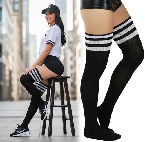 Image of ToBeInStyle Women's Heavyweight Knit Thigh High Long Socks w /Contrast 3 Stripe Top Band