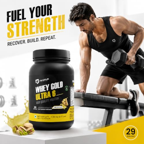 Image of DENZOUR NUTRITION Whey Gold Ultra 6 Starter With 24g Protein | Support Muscle Growth And Maintain A Lean Physique- Pista Kulfi Flavour, 1.05 Kg /2.3 lbs (29 Servings)