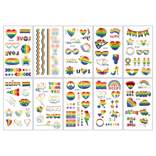 Visxcnu 10 Fogli,LGBT Gay Pride Tatuaggi Temporanei Tatuaggi Arcobaleno, Tatuaggi Temporanei Arcobaleno LGBTQ Tatuaggi Temporanei Tatuaggio Adesivi per Feste, Feste Gay, Gay Pride Parade