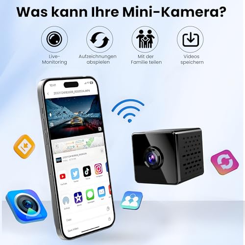 javiscam Mini Kamera inklusive Eurostecker,4K WiFi Überwachungskamera Innen Akku mit Nachtsicht, Kamera überwachung innen mit Bewegungserkennung/Cloud- & SD Speicher/Echtzeit-Video für Haustier,Baby