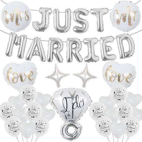 Just Married Wedding Decorations Balloons - 38 Pieces Silver Mr and Mrs Decoration, White Latex Balloon Romantic Heart Diamond Love Foil Balloons for Bride Groom Reception Supplies