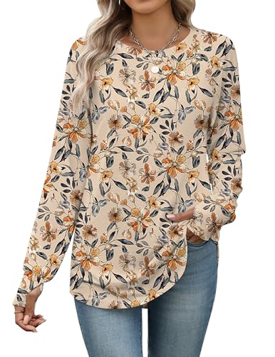 Zeagoo Women's Casual Long Sleeve Shirts Crew Neck Round Hem Loose T-Shirts Tunic Tops with Thumb Holes