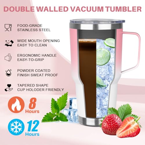 Image of 30 oz Tumbler with Handle, Stainless Steel Insulated Tumbler with Lid and Straw, Double Wall Vacuum Insulated Coffee Mug Tumbler, Insulated Coffee Thermal Cup for Cold and Hot (Pink White)