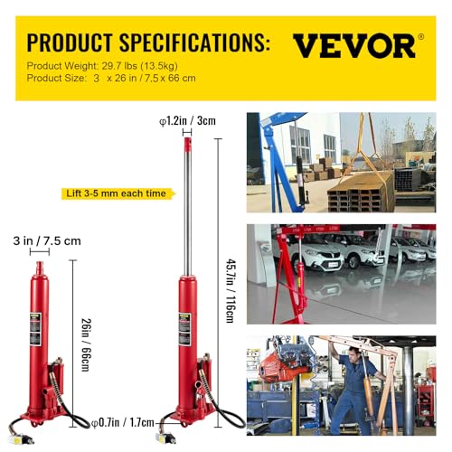 Image of VEVOR Hydraulic /Pneumatic Long Ram Jack, 8 Tons /17363 lbs Capacity, with Single Piston Pump and Clevis Base, Manual Cherry Picker w /Handle, for Garage /Shop Cranes, Engine Lift Hoist, Red