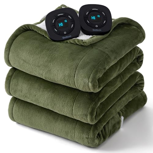 Image of Bedsure Electric Blanket King Size - Dual Control Heated Blanket King Size, Fast Heating with 10 Time Settings & 10 Heat Settings, Warm Gift for Grandma (100x90 inches, Olive Green)