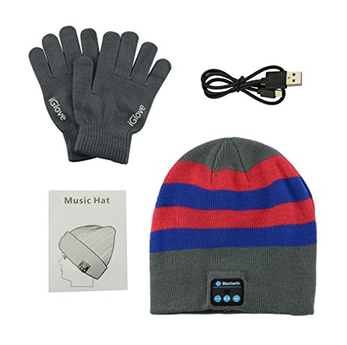 Anpress - Beanie Bluetooth - Conjunto de gorro + guantes porttiles touch screen hechos con punto para escuchar msica en estreo sin hilos, va Bluetooth, gris