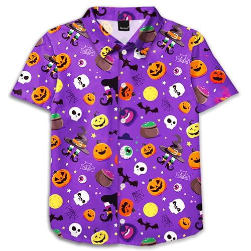 Image of Remimi Unisex Kids Halloween Shirt Boys Pumpkin Ghost Shirts Hawaii Button Up Tops 5-14 Years