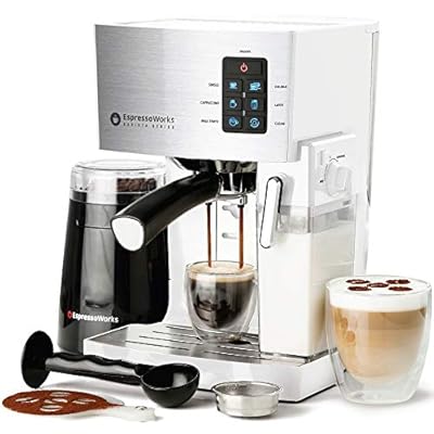 Espresso & Cappuccino Maker- 19 Bar Pump, 10 Pc All-In-One Espresso Maker & Milk Steamer (Inc: Bean Grinder, 2 Cappuccino & 2 Espresso Cups, Tamper, Single & Double Shot Filter Baskets), 1250W, (White)