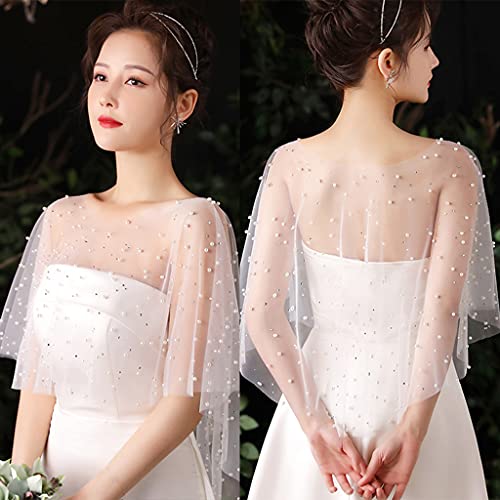 Wedding Shawl Women Sheer Pleated Wedding Shawl for Rhinestone Pearl White Capelet Shru, 47.24in3