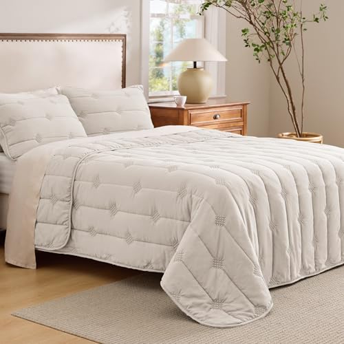 Image of Bedsure Lightweight Queen Comforter Set - Beige Prewashed Soft Bedding for All Seasons, Queen Size Quilt Set (90 inchx96 inch) with 2 Shams, Machine Washable
