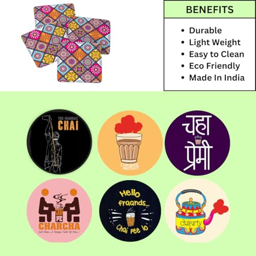 Image of Zesta Coasters for Cups Set of 6 / Wooden Coasters for Bar Accessories for Home /Tea Coaster Set of 6 / Waterproof Dining Table Decor Glass Cover (Chai Lover, Circle)