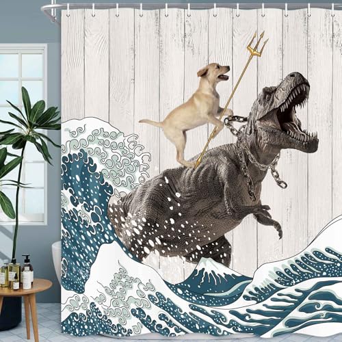 Image of Boziqr Funny Dog Shower Curtain, Japanese Ocean Wave Dinosaur Rustic Barn Door Decor Fabric Bathroom Curtains Set, Cute Animal Kids Polyester Fabric Waterproof, 70 X 84 Inches