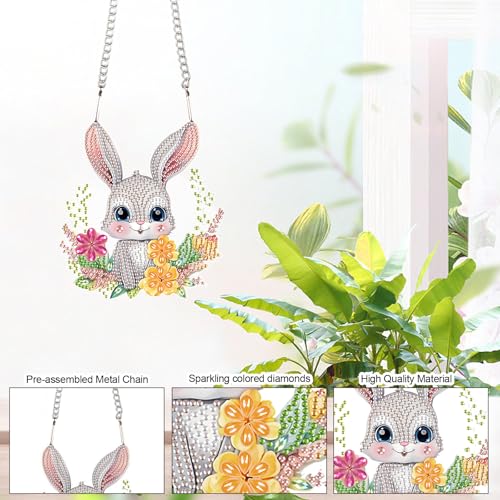 Image of AiYuanzsh Rabbit Diamond Painting Hanging Kit, 5D DIY Acrylic Special Shaped Diamond Art Pendant Ornament for Home, Wall, Door, or Garden Decor, Easter Diamond Art Kit for Adults