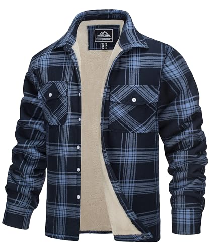 TACVASEN Winter Jackets for Men Outdoor Work Jackets Warm Fleece Checked Jacket Cotton Lumberjack Shirt with Pocket Grey Blue XXL
