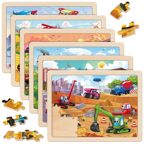 SYNARRY Puzzle Fahrzeuge Bagger ab 4 5 6 7 8 Jahre 6x60 Teilen Kinder Holzpuzzle Verkehrsmittel Vorschule Lehrreiches Spielzeug Geschenke für Kinder für Jungen und Mädchen