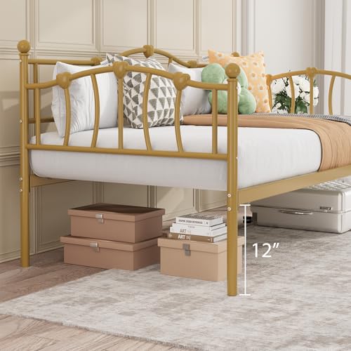 Image of Twin Daybed with Trundle, Metal Sofa Bed Frame with Steel Slat Support, Twin Size Space-Saving Multifunctional Furniture for Living Room, Bedroom, Love Heart Design, No Box Spring Needed, Gold