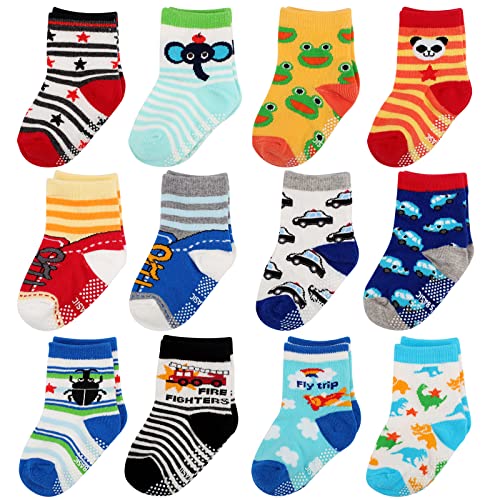 Baby Socks,YARIEW 12 Pairs Crew Socks Toddler Socks Grip Socks Baby Boy Socks Non Slip Socks Infant Socks Non Skid Socks Non-slip Socks Baby Socks with Grip for 1-3 Year Newborn Boy Kids