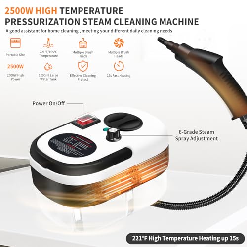 6 Level Adjustable Handheld Steam Cleaner for Home,15s Heat-Up Pressurized Steamer for Cleaning,1.29 Quarts Tank Portable Steam Cleaner Handheld for Car by STRCEAT - Image 2