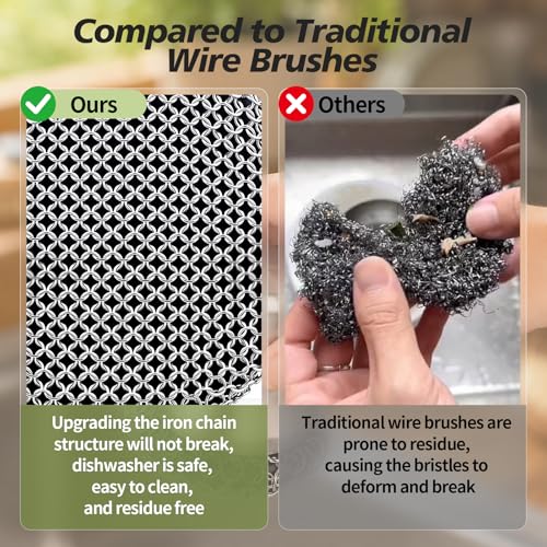 Image of Cast Iron Scrubber and Scraper, 316 Chain Mail Scrubber for Cleaning Dishes, Stock Pots,Black, 1 Count ((Small Chain Mail))