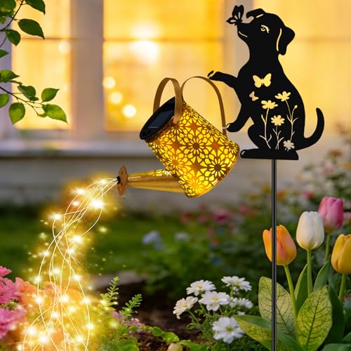 VOOKRY Solar Lights Outdoor Watering Can with Dog Silhouette Stake