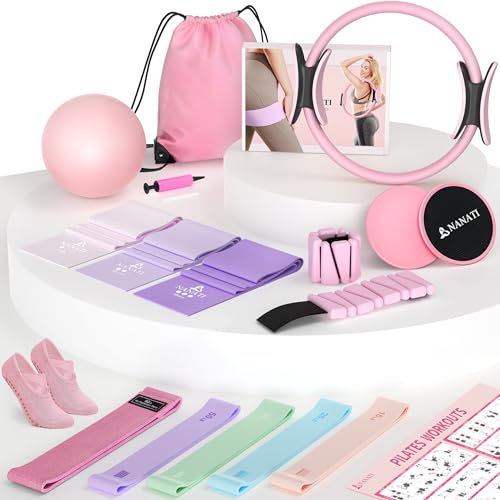 Pilates Kit 19PCS, Pilates Essentials Kit for Women, Pilates Equipment with 14.5" Pilates Ring and Ball, 8 Resistance Bands, Ankle Weights, Sliders & Grip Socks Accessories for Starter Home Workouts