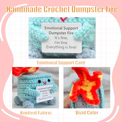 Image of RovyFota Emotional Support Crochet Dumpster Fire with Positive Card Cute Room Decor Knitted Toys Funny Crochet Support Buddies Gifts for Friends (Blue)