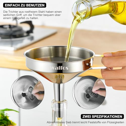 Walfos Trichter Edelstahl Groß 20cm, KüChentrichter Mit 2 Abnehmbaren Sieben & 1 StüCk ReinigungsbüRste, Perfekt Zum UmfüLlen Von FlüSsigkeiten, Marmelade, Trockenen Zutaten