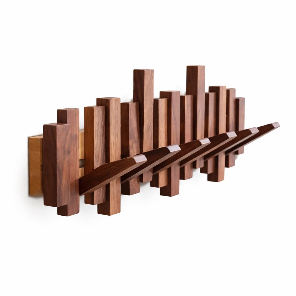 Foldable Multi-Hook Hanger for Coats,Bags, Hats,Towels Modern Teak Wooden Wall Mounted Hook Rack Stylish Space-Saving Organizer for Entryway, Bedroom, Bathroom, Office (BROWEN, Piano-6)-image-20