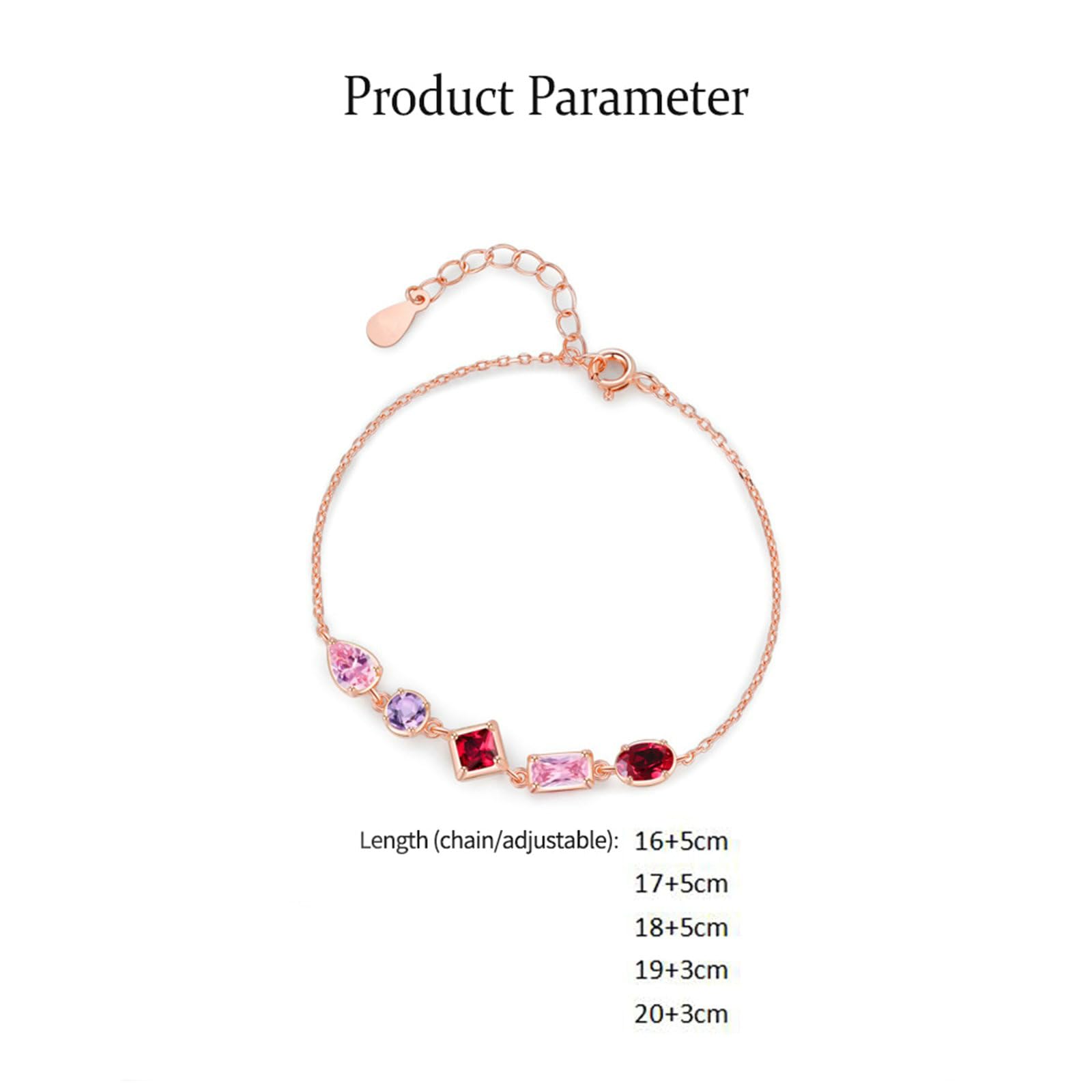 Delicadas pulseras de la amistad para mujer con zafiro rosa creado y rubí creado, elegantes pulseras minimalistas para ella, oro rosa de 18 quilates | Tamaño 19 + 3 cm