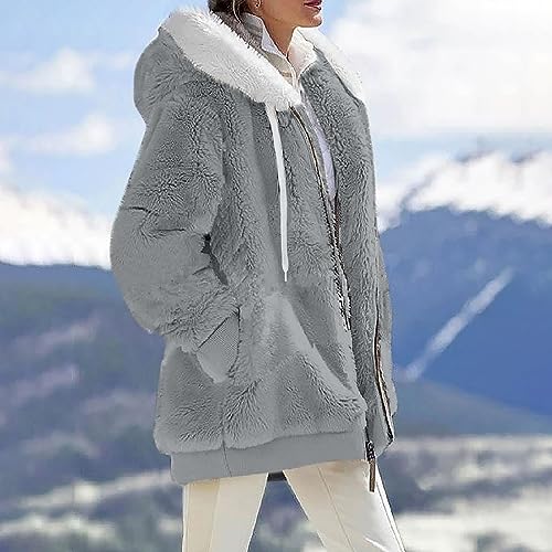 Fuzzy Fleece Jackets for Women Plus Size Hoodies Fall Winter Coats Color Block Patchwork Cardigan Coat with Pockets