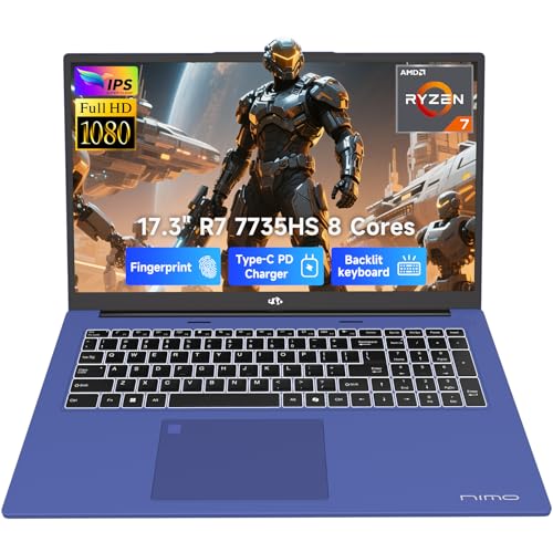 Image of NIMO Light-Gaming-Laptop, 17.3 inch FHD Computer with AMD 8-Core R7 7735HS (Up to 4.75GHz, Beat i7-12650H) 16GB DDR5 RAM 256GB SSD Radeon 680M GPU 100W Fast PD 180 View for Content Creator 2Y Warranty