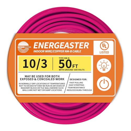 Solid Indoor 10/3 Type NM-B Pure Copper Cable 50FT Pink 10 AWG 3 Conductors with Ground Wire
